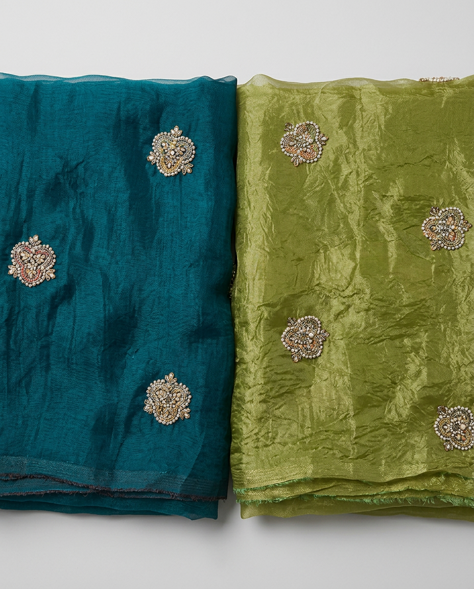 Teal and green embellished organza fabrics